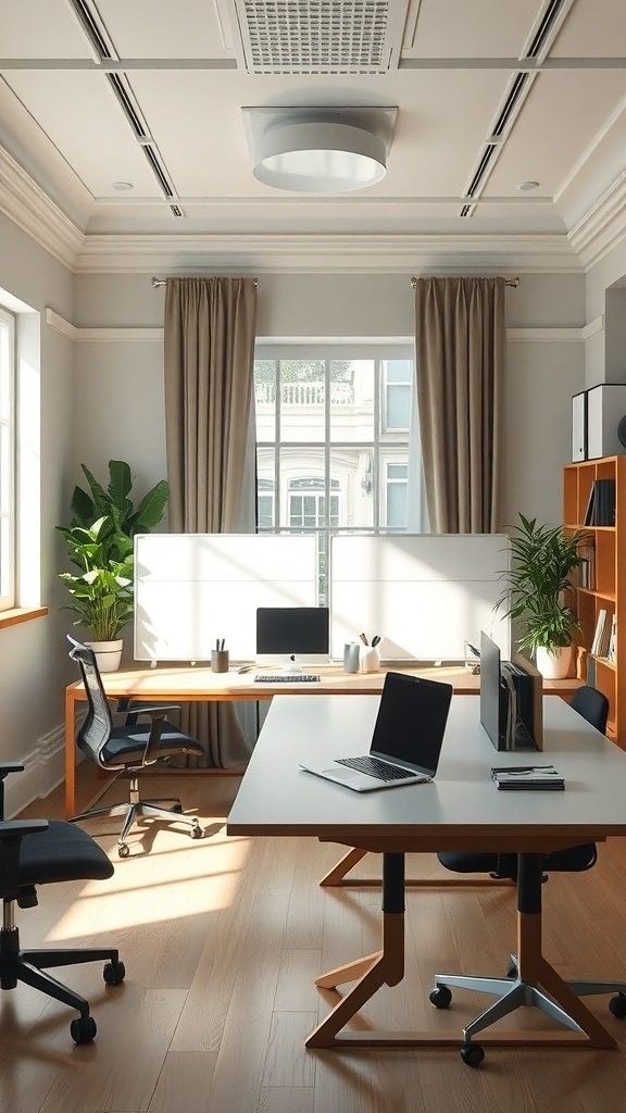 Oficina en casa con mesa de trabajo y paneles de separación