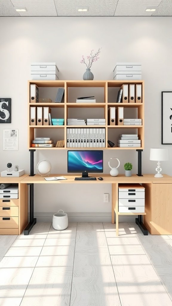 Mesa de trabajo con estantes ajustables en una oficina moderna.