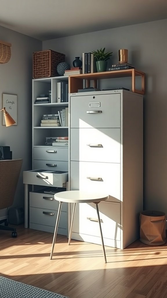 Mueble de archivos que se convierte en mesa en una oficina en casa.