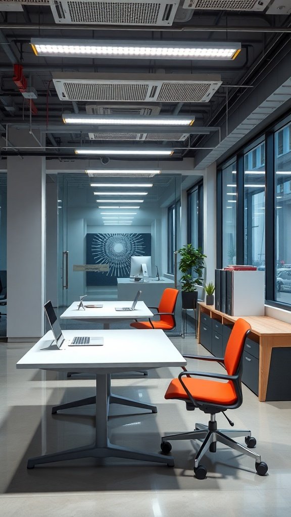 Mesa de estudio moderna con iluminación LED en una oficina