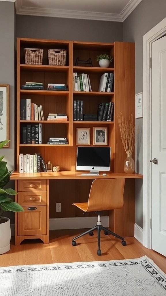 Mueble de almacenamiento en esquina con estanterías y escritorio en una oficina en casa.