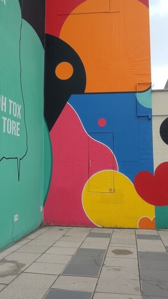 Mural abstracto colorido con formas y colores vibrantes.