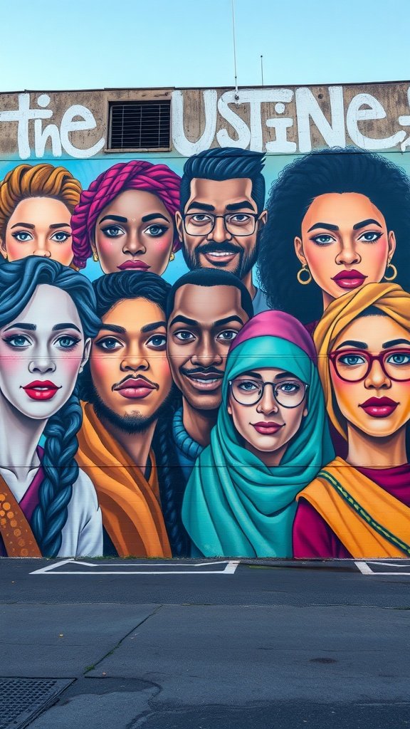Mural que muestra retratos de personas de diversas culturas y etnias.