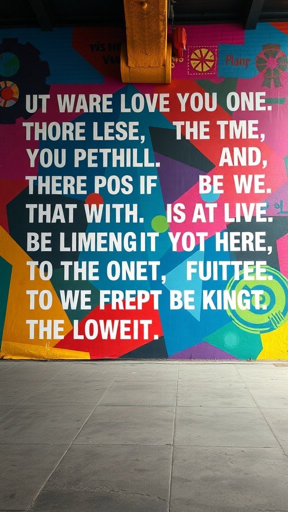 Mural con frases inspiradoras en letras grandes y coloridas.