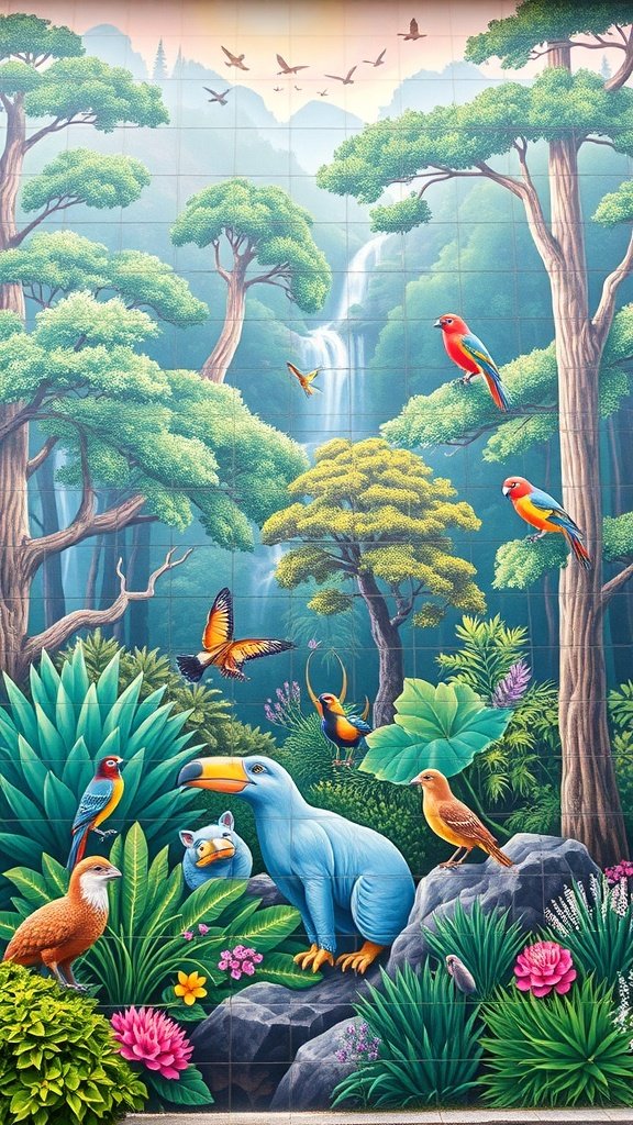 Mural colorido de naturaleza con árboles, aves y flores.