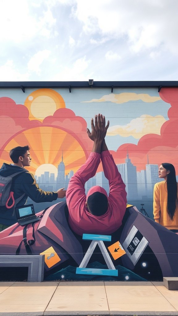 Mural que representa la resiliencia con personas levantando las manos hacia un amanecer.