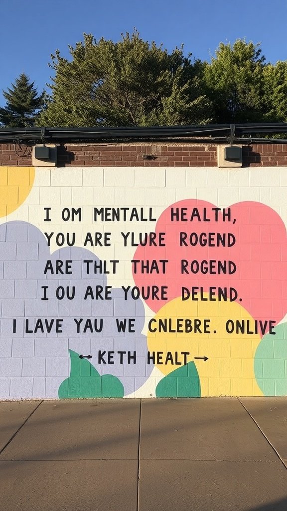 Mural colorido sobre salud mental con texto inspirador.