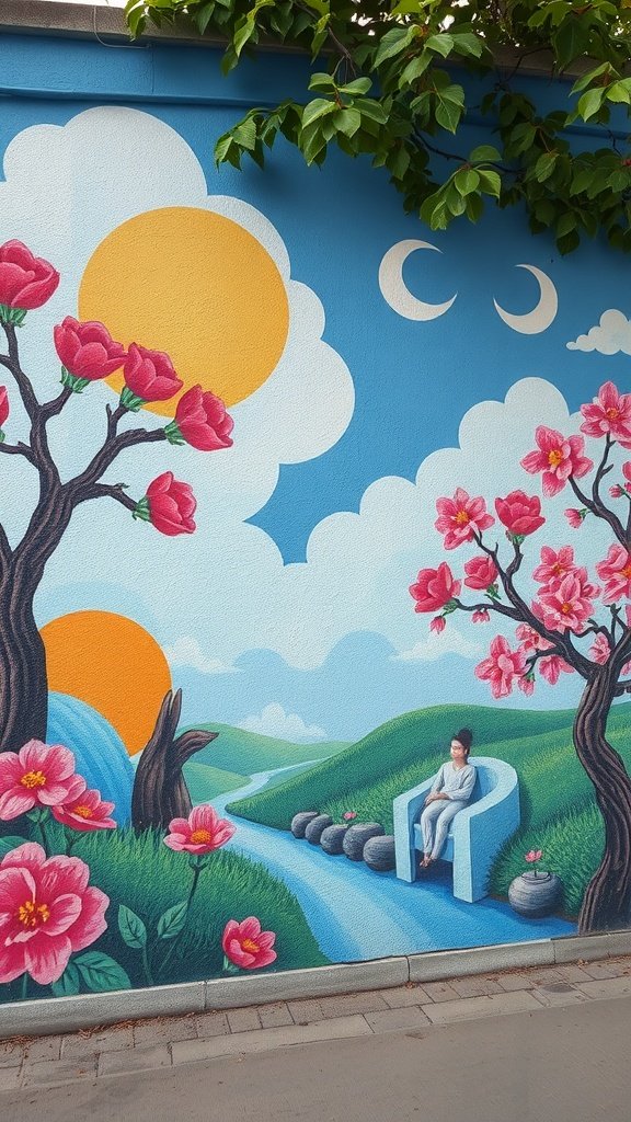 Mural colorido que representa un paisaje sereno con flores, un río y una figura sentada en una silla.
