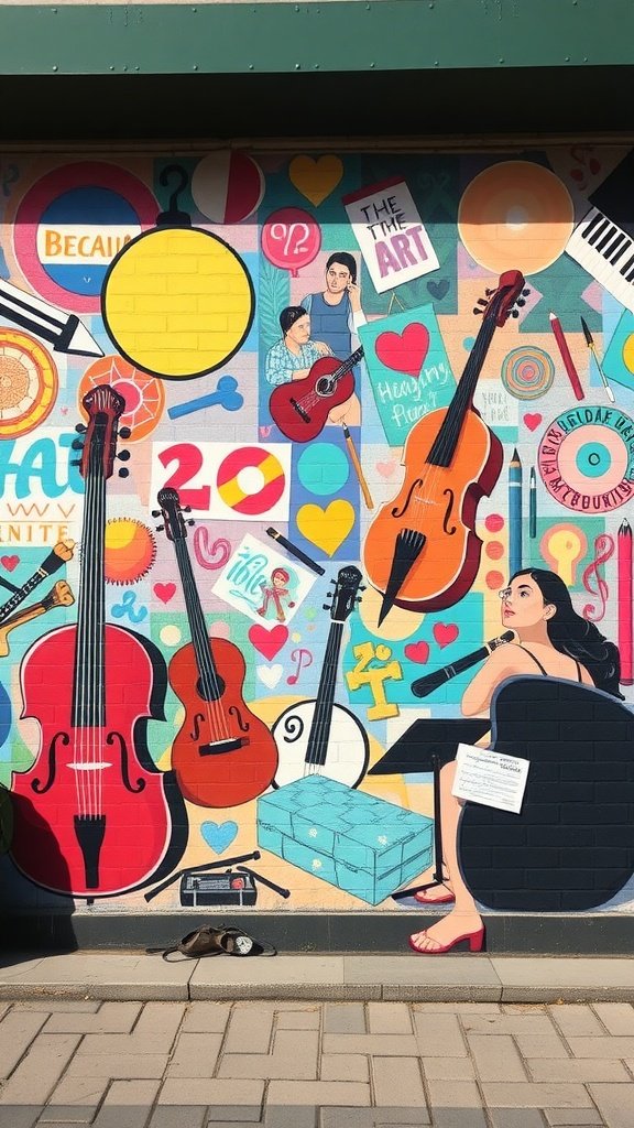 Mural colorido que representa instrumentos musicales y figuras creativas, simbolizando la conexión entre música y arte.