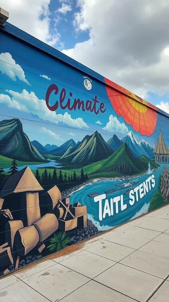 Mural colorido que representa el cambio climático con montañas, un río y un sol brillante.