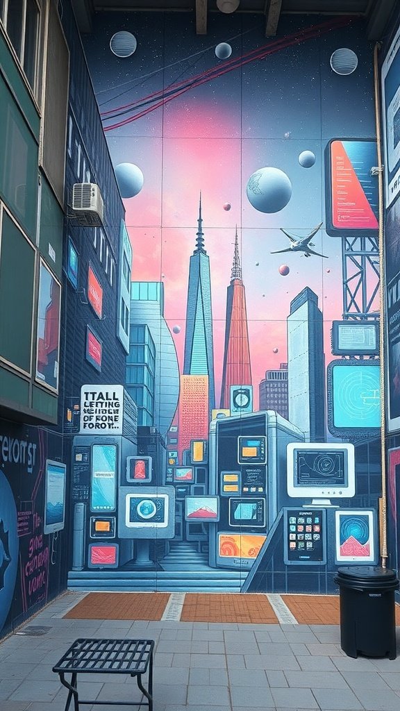 Mural futurista con edificios y elementos tecnológicos