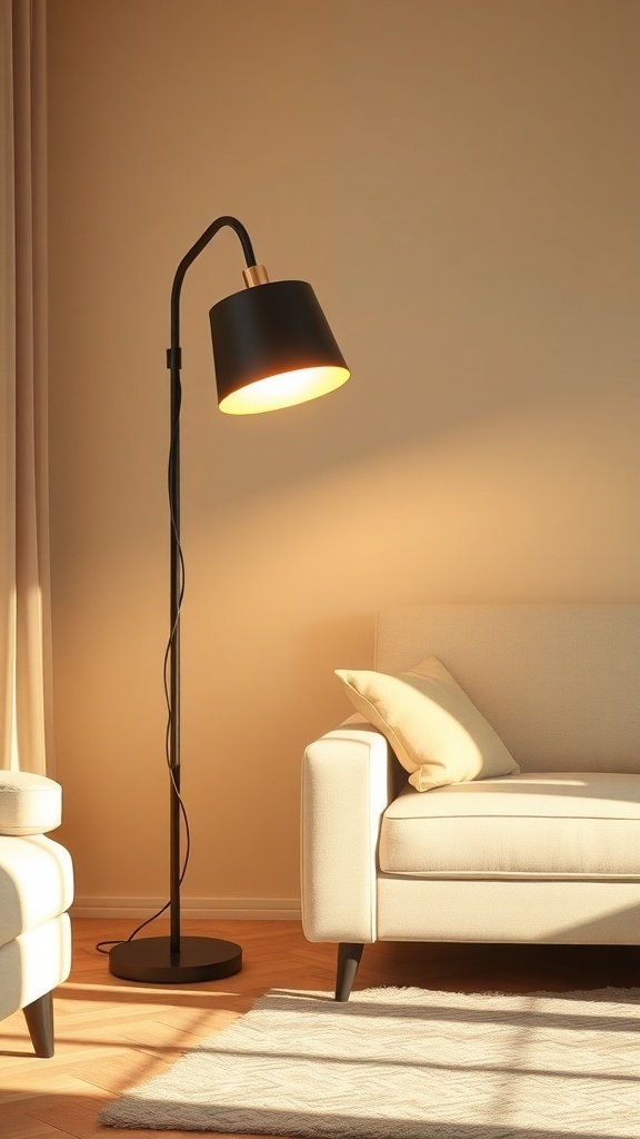 Lámpara de pie moderna junto a un sofá en una sala de estar iluminada.
