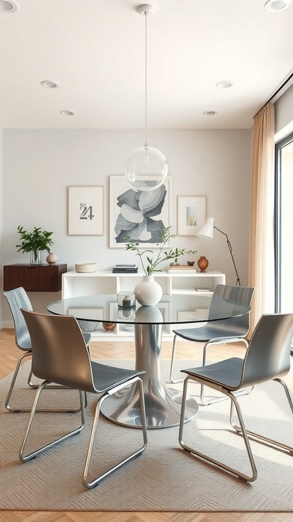 Sillas de acero inoxidable alrededor de una mesa de vidrio en una sala de estar moderna.