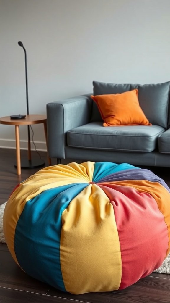 Puff colorido en una sala de estar moderna con sofá y lámpara.