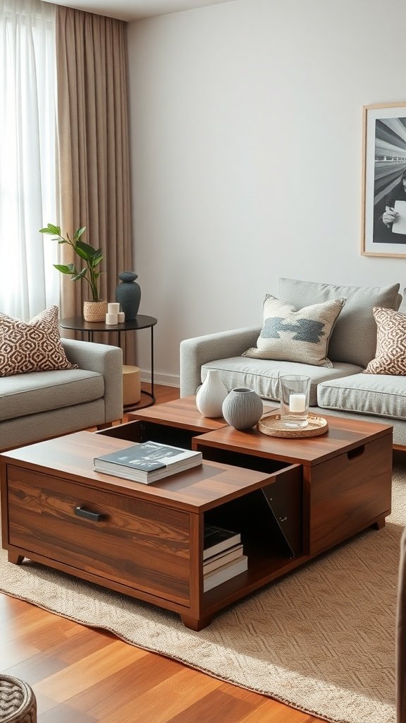 Mesa de centro de madera con almacenamiento en una sala de estar contemporánea.
