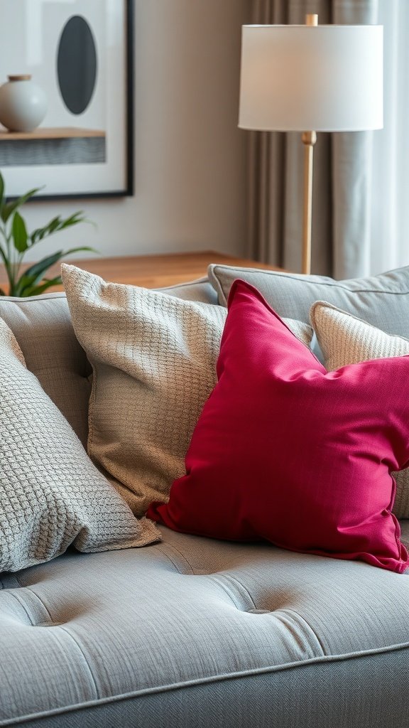 Cojines texturizados en un sofá moderno.