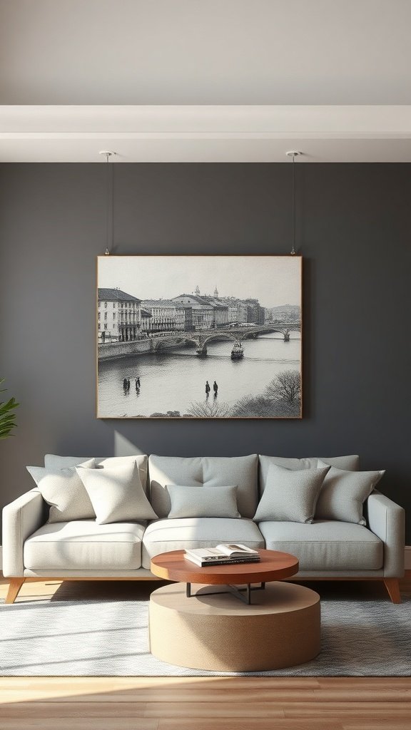 Sala de estar moderna con arte abstracto en lienzo sobre el sofá.