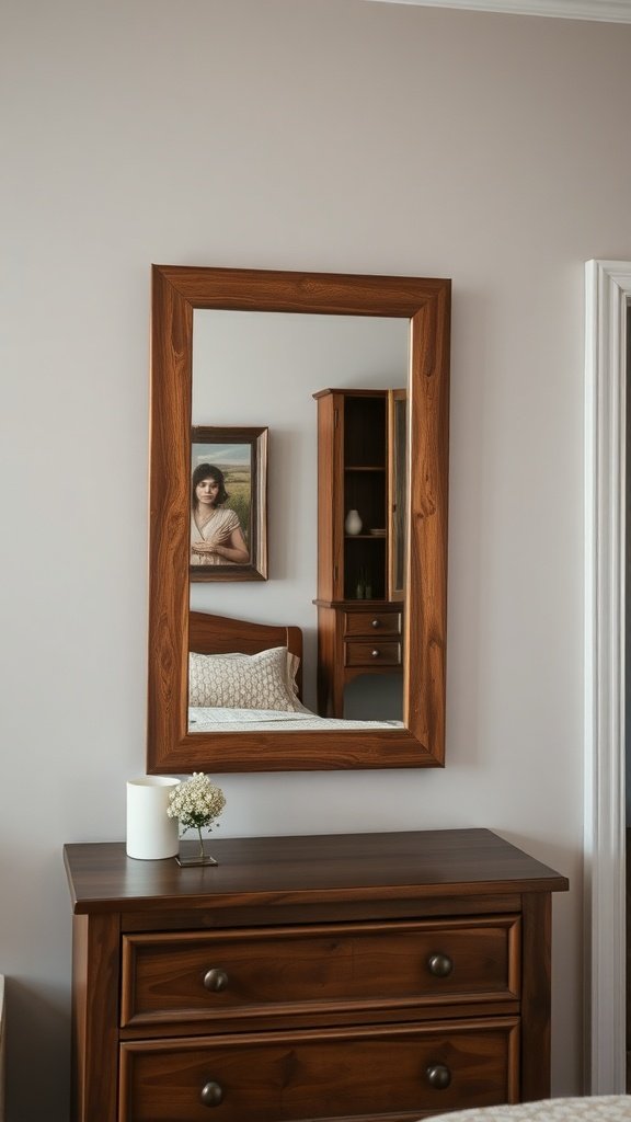 Espejo de madera rústica en un dormitorio con un mueble de madera y decoración sencilla.