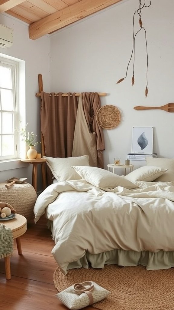 Dormitorio rústico con textiles de lino y algodón orgánico