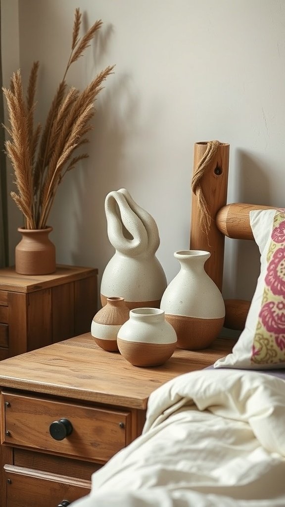 Decoración rústica en dormitorio con accesorios de cerámica hechos a mano.