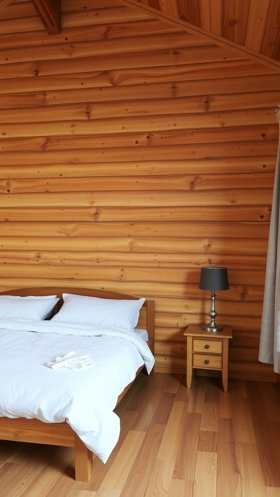 Dormitorio con paredes de madera natural y cama blanca.
