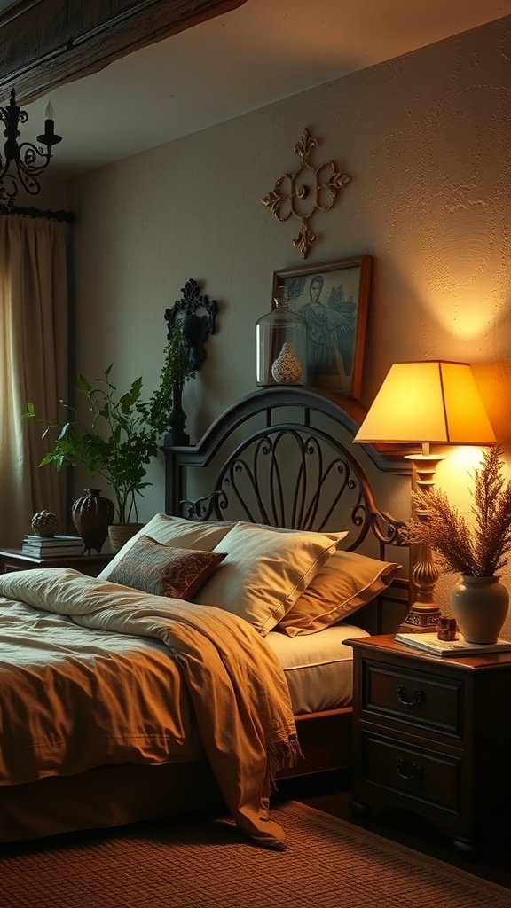 Dormitorio con lámpara de hierro forjado y decoración rústica