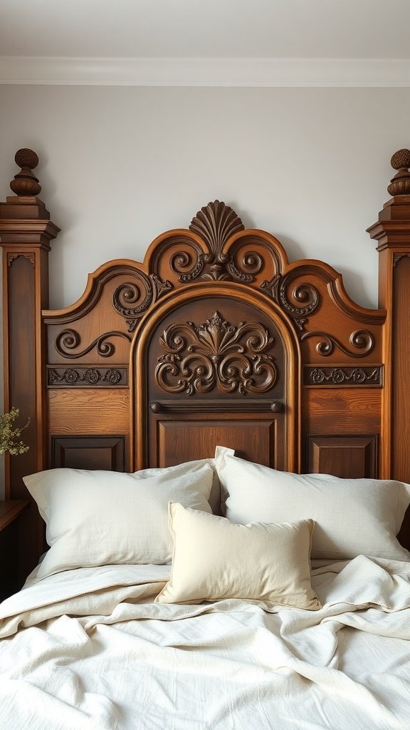 Cabecera de madera recuperada con detalles tallados, decorando un dormitorio rústico.