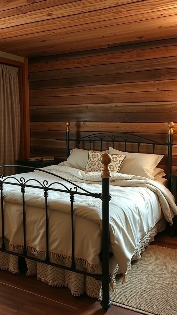 Cama con estructura de hierro en un dormitorio rústico, con paredes de madera y ropa de cama clara.