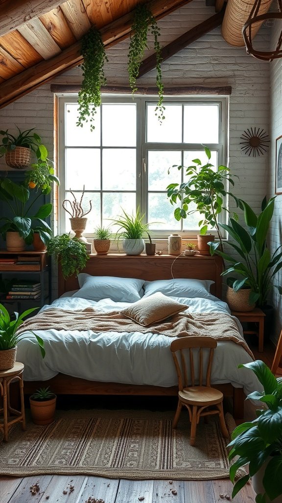 Dormitorio rústico decorado con varias plantas de interior.