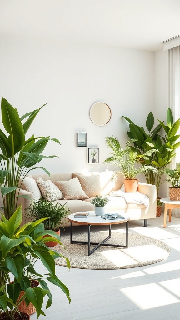 Sala de estar decorada con plantas de interior y un sofá cómodo.