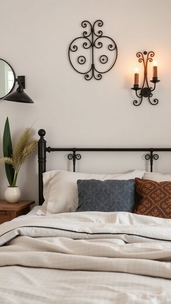 Decoración de dormitorio con elementos de hierro, incluyendo una cabecera y apliques de pared.