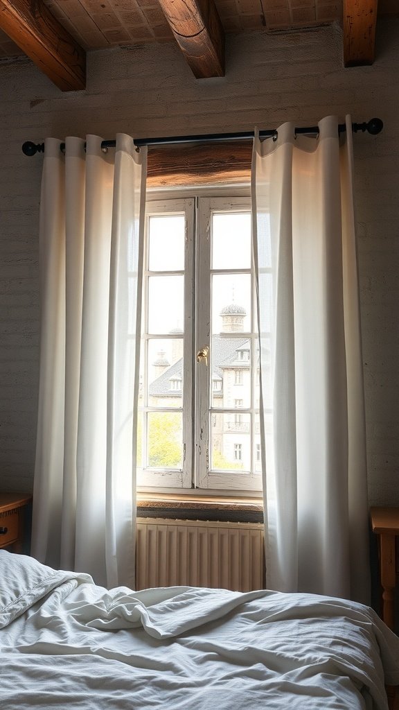 Ventana con cortinas de lino en un dormitorio rústico.