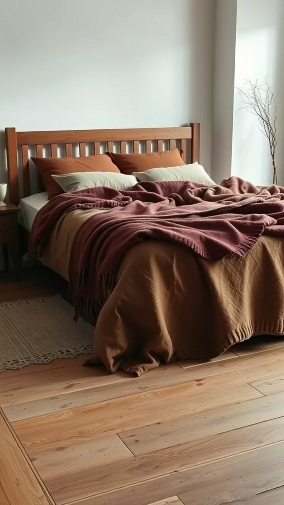 Cama con mantas de lana en colores tierra, decorada de manera rústica.