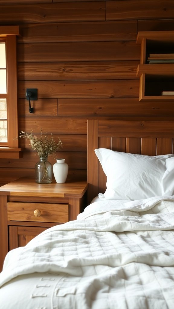 Mesa nocturna de madera sólida junto a una cama con sábanas blancas