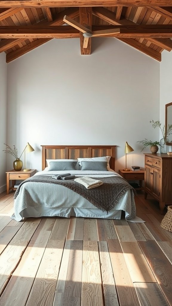Dormitorio con pisos de madera reclamada, cama de madera y decoración rústica.