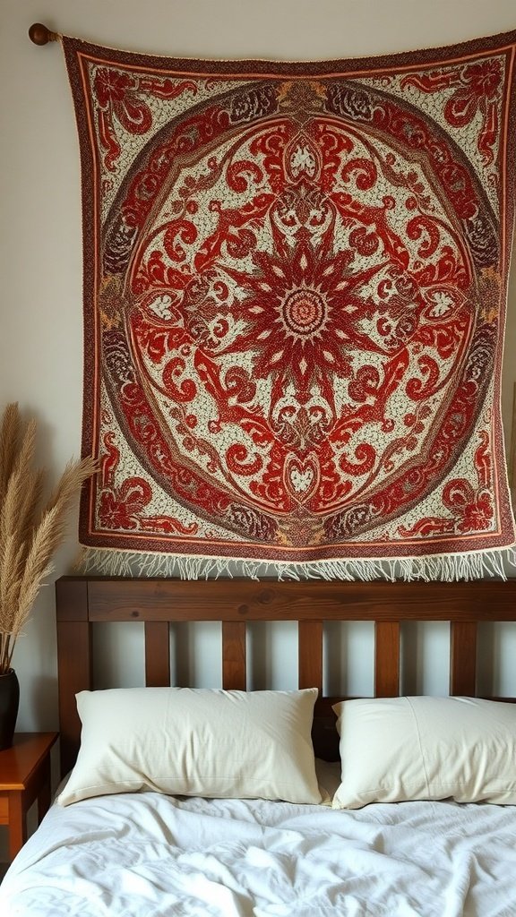 Tapiz rústico decorativo en la pared de un dormitorio con cama y almohadas.