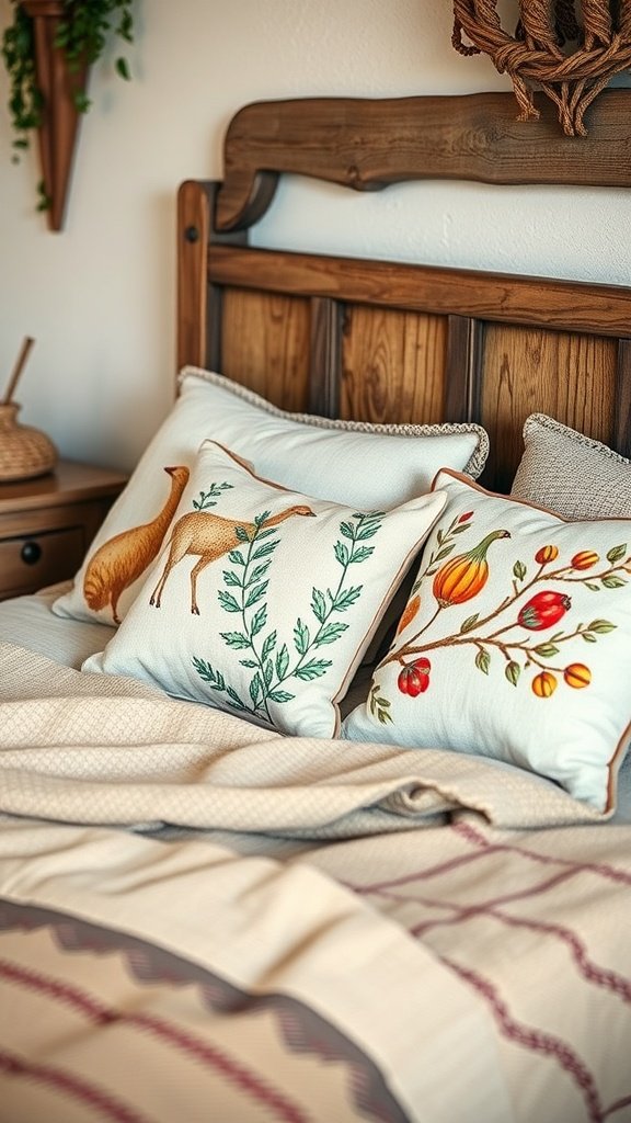 Cojines decorativos con estampados de naturaleza en un dormitorio rústico.