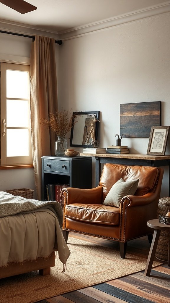 Sillón de cuero marrón en un dormitorio rústico con decoración en madera.