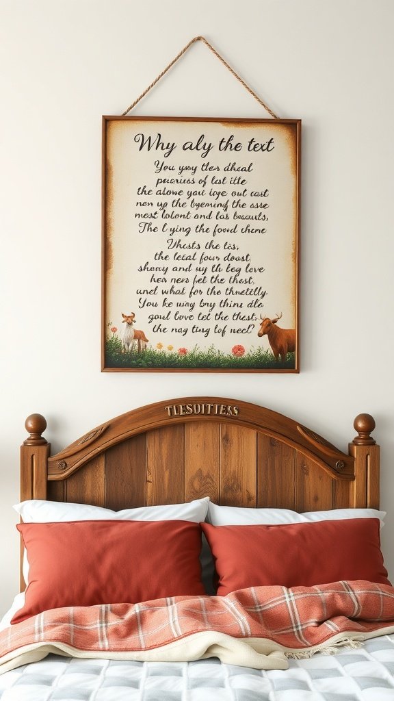 Decoración de pared rústica con un mensaje cálido en un dormitorio