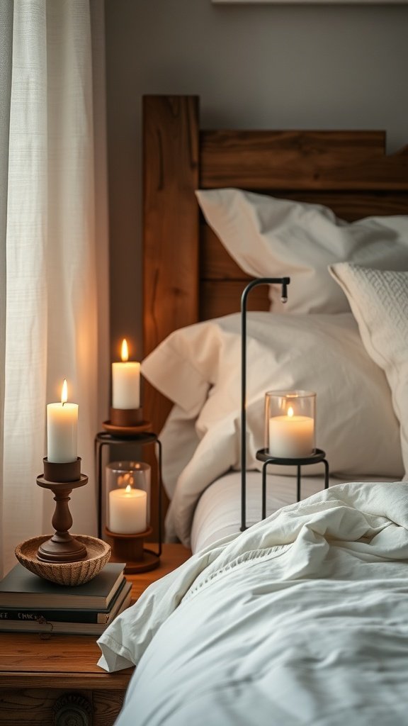 Candelabros de madera y metal en un dormitorio rústico