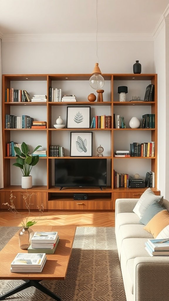 Estantes abiertos decorados con libros, plantas y objetos decorativos en una sala de estar moderna.