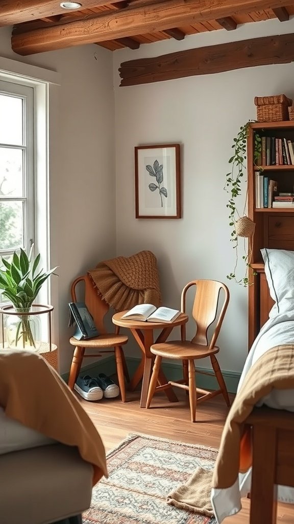 Rincón de lectura con sillones de madera, mesa y decoración acogedora.