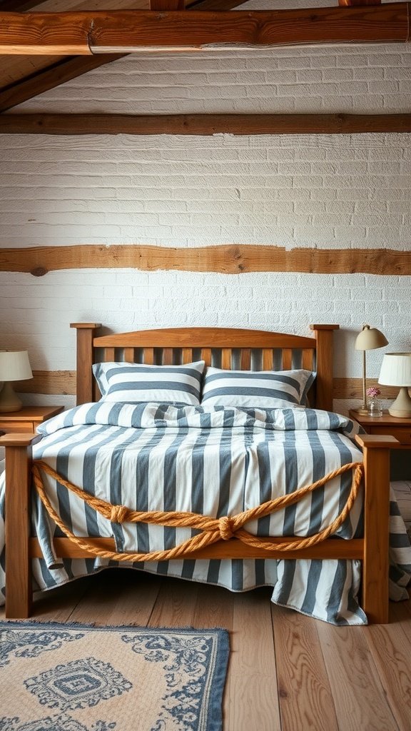 Cama rústica con ropa de cama de rayas en un dormitorio