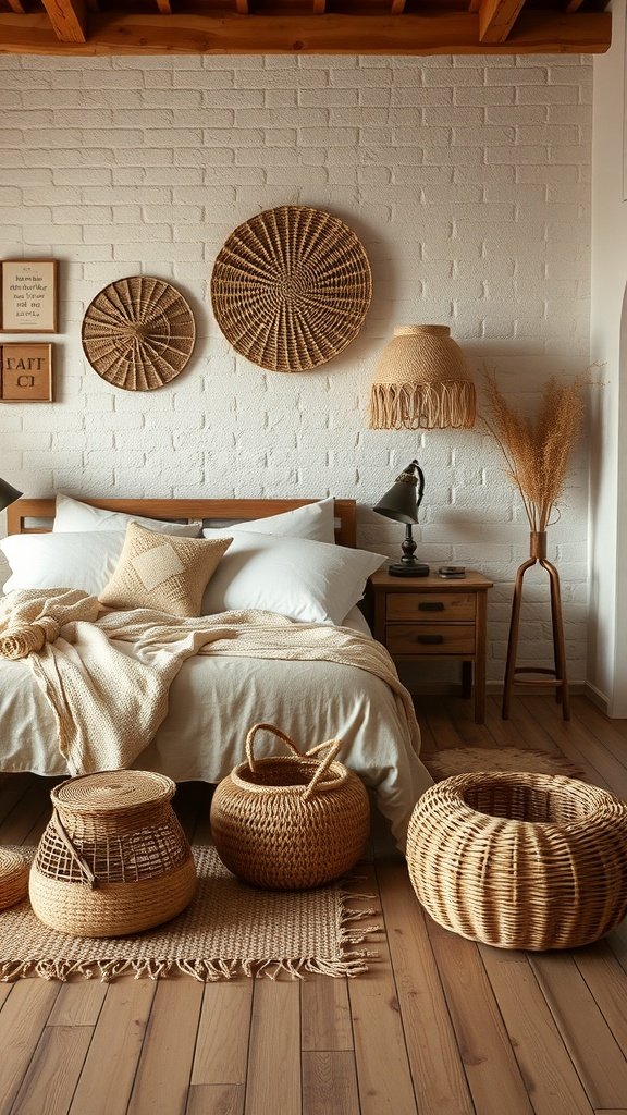 Dormitorio decorado con accesorios de mimbre y yute, incluyendo cestas y decoraciones en la pared.