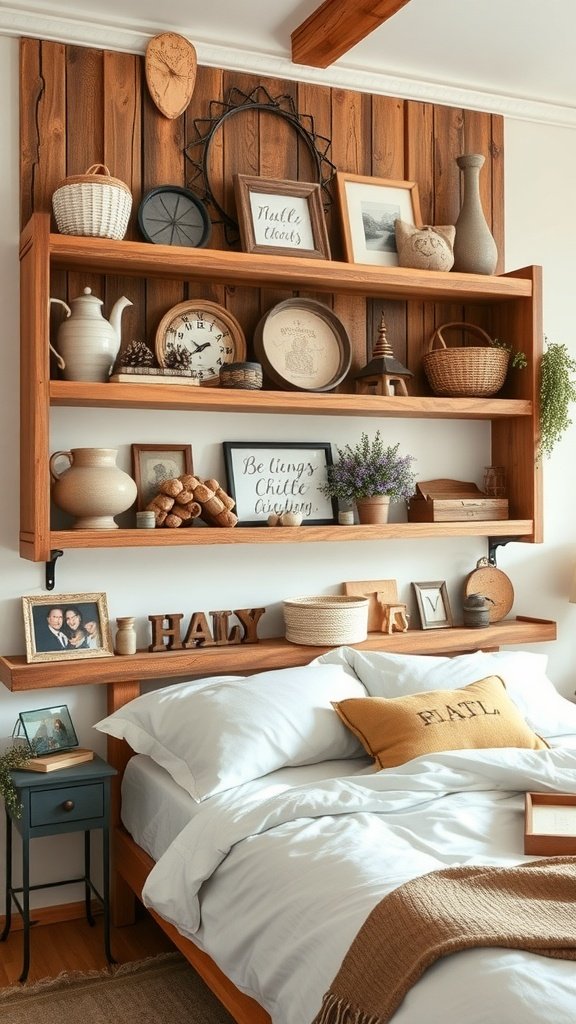 Estanterías abiertas de madera con decoraciones rústicas en un dormitorio.