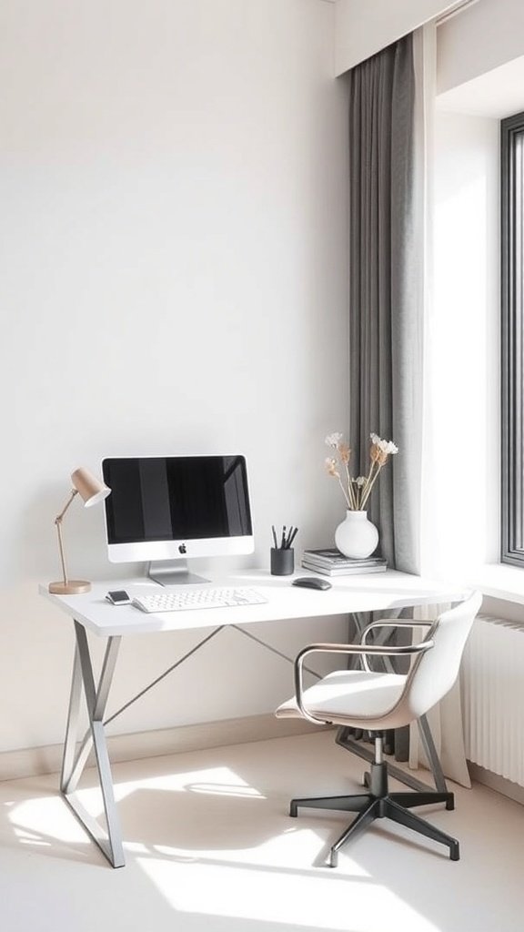 Oficina en casa minimalista con escritorio blanco y silla gris.