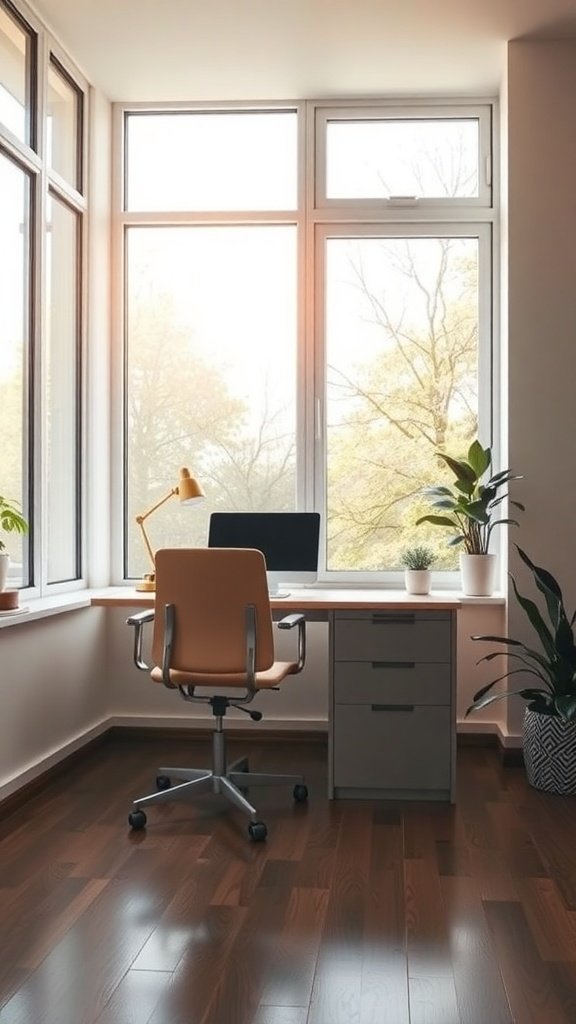 Estación de trabajo con luz natural, silla, escritorio y plantas.