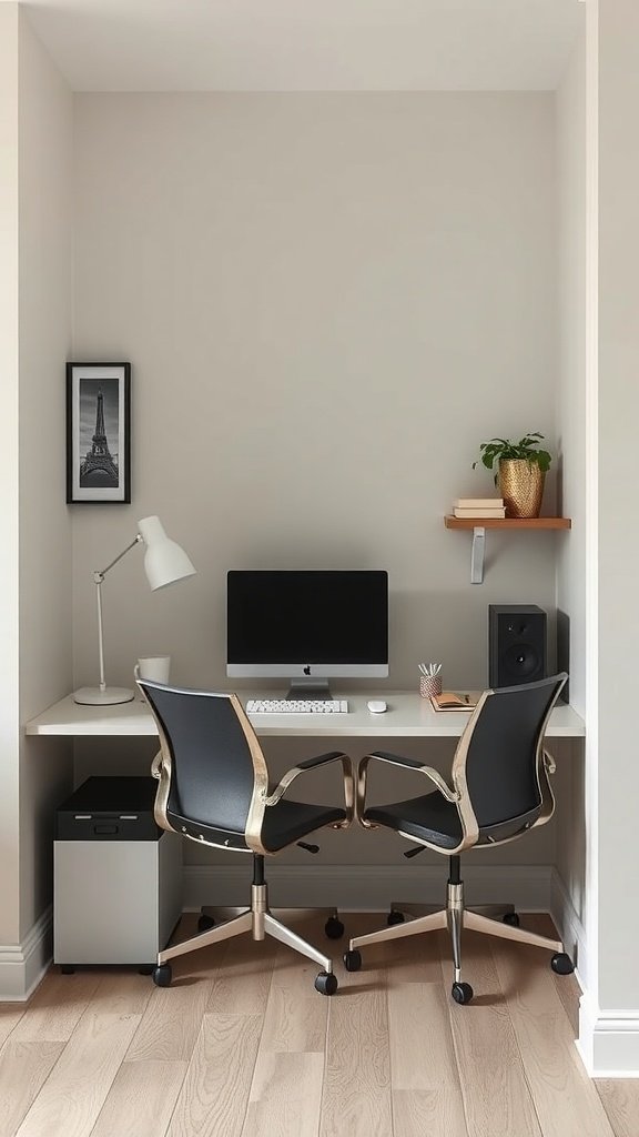 Escritorio de esquina minimalista con dos sillas, computadora y lámpara.