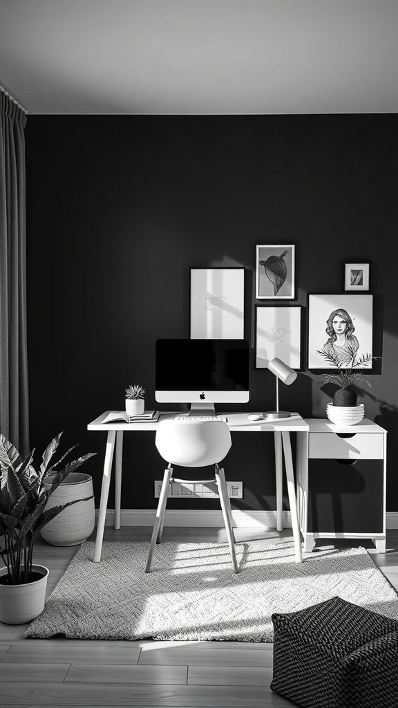 Oficina en casa minimalista en blanco y negro con escritorio, computadora y plantas.
