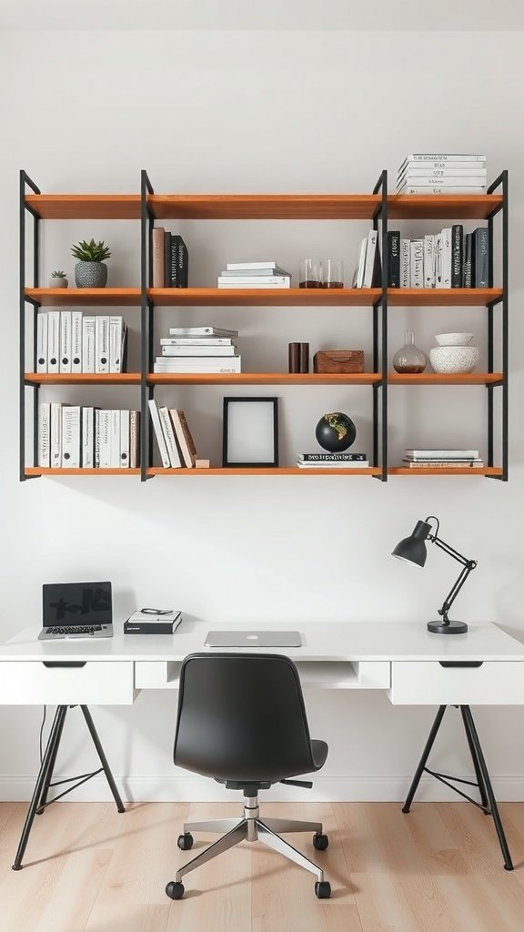 Zona de trabajo con estanterías abiertas, escritorio blanco y silla negra.